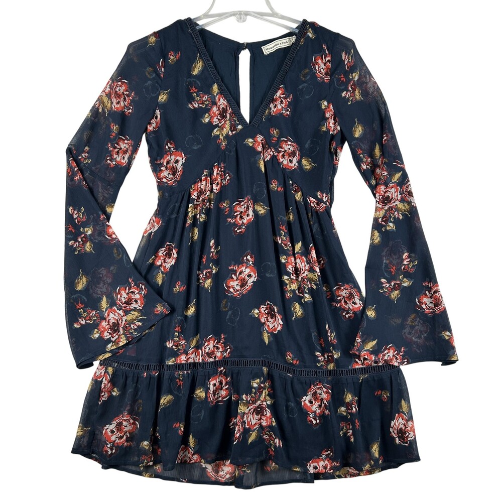 Abercrombie & Fitch Dress Womens XS Chiffon Floral Fit Flare Bell Sleeve Mini